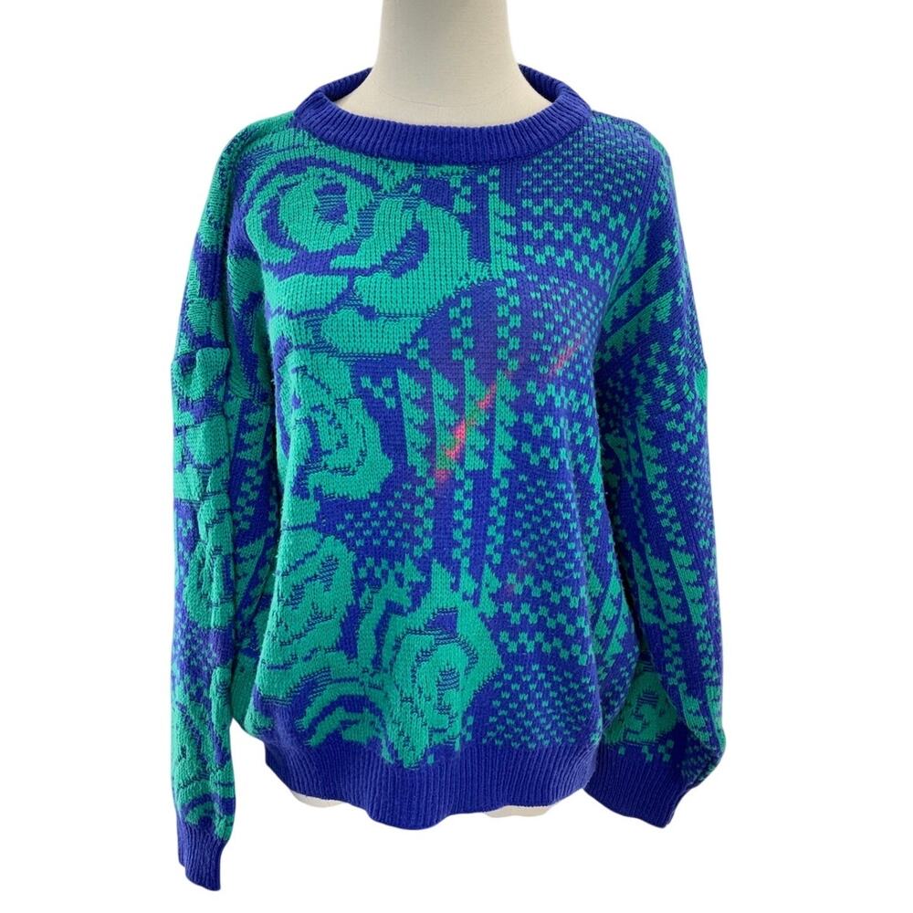 Vintage 80s A'Milano Blue Green Floral Geometric Acrylic Sweater Women's Medium